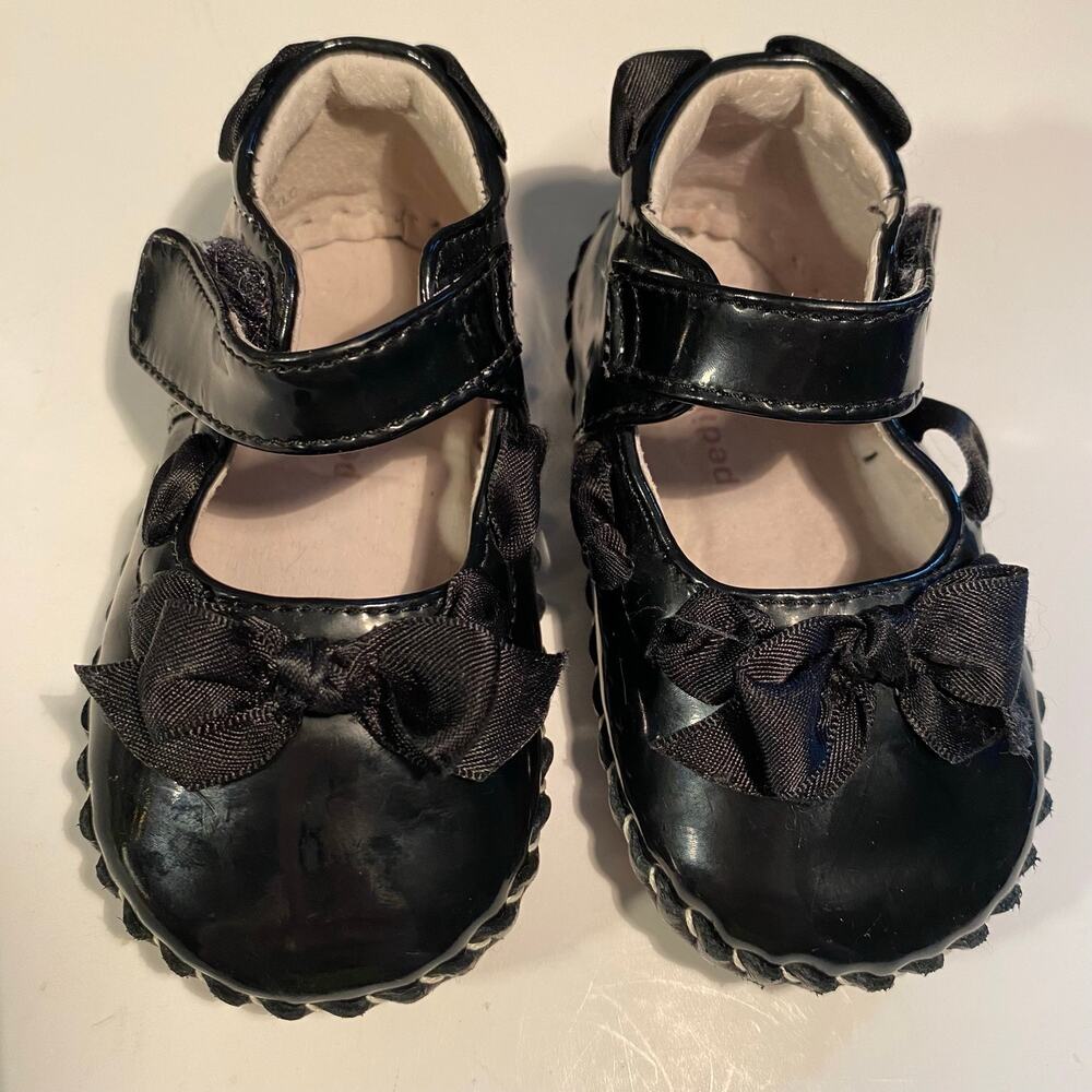 Girls Baby Shoes 6-12 Months with Bows Black Pediped Mary Janes